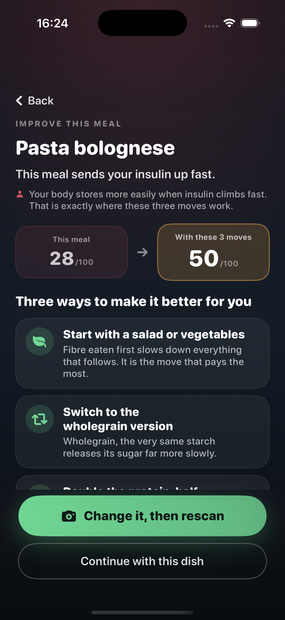 The "Three ways to make it better" page after a meal scan